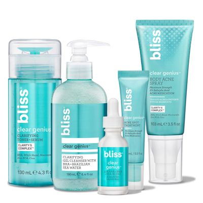 Bliss Acne-Prone Skin Bundle - Clear Genius Toner, Body Spray, Spot Treatment BHA Salicylic Acid and Clarifying Peel &amp; Cleanser
