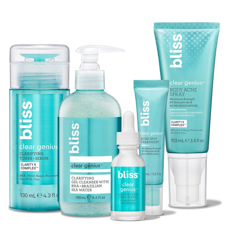 Bliss Acne-Prone Skin Bundle - Clear Genius Toner, Body Spray, Spot Treatment BHA Salicylic Acid and Clarifying Peel &amp; Cleanser