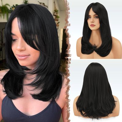 FESHFEN Wigs with Bangs for Women, Natural Black Synthetic Long Layered Straight Hair Wig for Daily Party Use, 18 inch