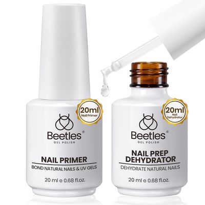 Beetles 20ml Nail Dehydrator and Primer, Large Capacity Acid Free Natural Nail Prep Dehydrate and Primer, Acrylic Nail Dehydrator and Primer for UV Gels Superior Bonding Professional Salons Set