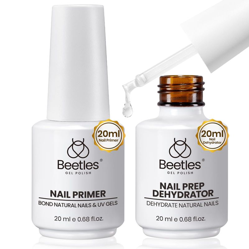 Beetles 20ml Nail Dehydrator and Primer, Large Capacity Acid Free Natural Nail Prep Dehydrate and Primer, Acrylic Nail Dehydrator and Primer for UV Gels Superior Bonding Professional Salons Set