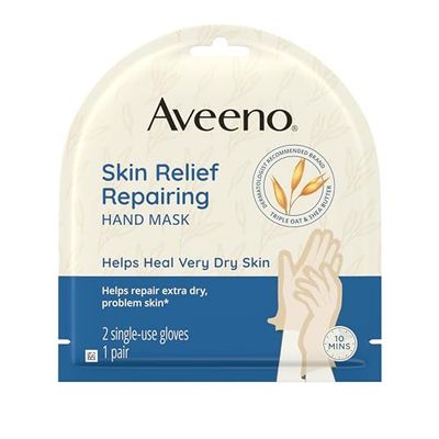 Aveeno Skin Relief Repairing Hand Mask, Moisturizing Gloves with Prebiotic Oat &amp; Shea Butter for Very Dry Skin, Hand Care for Sensitive Skin, Fragrance-Free, 1 Pair of Single-Use Gloves