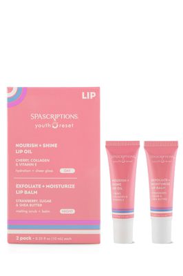 2 Tubes: Nourish + Shine Lip Oil Cherry, Collagen &amp; Vitamin E and Exfoliate + Moisturize Lip Balm Strawberry, Sugar &amp; Shea Butter 0.35 oz