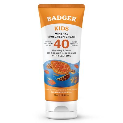 Badger Kids Sunscreen Cream SPF 40, Organic Mineral Sunscreen Kids Face &amp; Body with Zinc Oxide, Reef Friendly, Broad Spectrum, Water Resistant, 2.9 fl oz