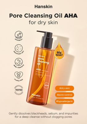 Hanskin AHA Pore Cleansing Oil for Dry Skin, Exfoliating, Waterproof Makeup Remover Facial Cleanser, Moisturizing for Soft Skin, Korean Skincare [AHA/10.14 oz.]
