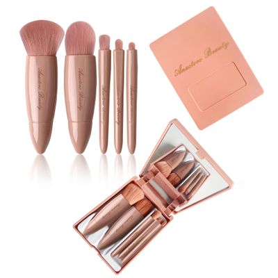 Anactoro Travel Makeup Brushes Set, 5pcs Mini Makeup Brushes Kit, Make up Brushes, Makeup Set for Beauty -Foundation, Blush, Eyeshadow, Eyeline, Powder, Cosmetic Makeup Brushes Small Purse size!
