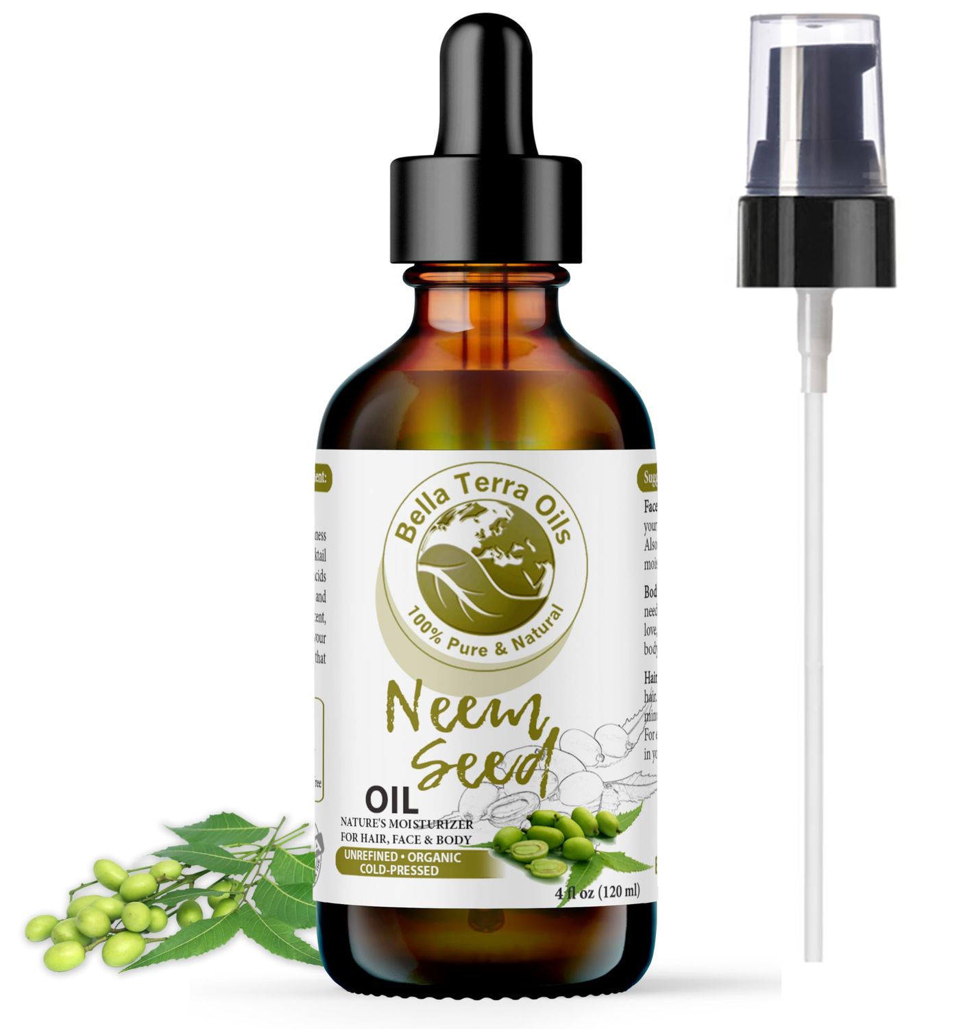 Bella Terra Oils - Organic Neem Seed Oil 4oz - Immerse in the Benefits of Organic Neem, Enriched with Amino Acids &amp; Omega-6, Nourishing Skin Treat