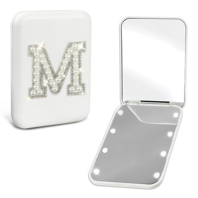 Aganmi Pearl Initial Compact Mirror with Lights Preppy 6 7 8 9 10 11 12 13 Year Old Girl Birthday Gifts Cute Mini LED Pocket Makeup Mirror Teen Girls Trendy Stuff Travel Essentials for Women White M