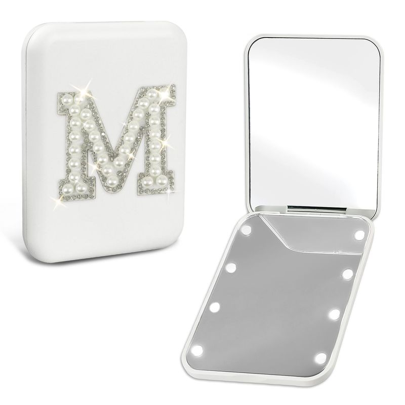 Aganmi Pearl Initial Compact Mirror with Lights Preppy 6 7 8 9 10 11 12 13 Year Old Girl Birthday Gifts Cute Mini LED Pocket Makeup Mirror Teen Girls Trendy Stuff Travel Essentials for Women White M
