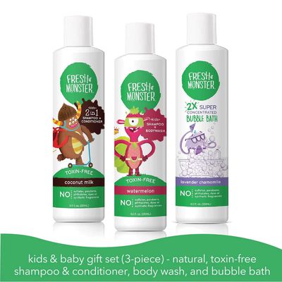 Fresh Monster Kids and Baby Bath Gift Set: Coloring Box, Natural Shampoo &amp; Conditioner, Body Wash, and Bubble Bath (8.5 oz Each)