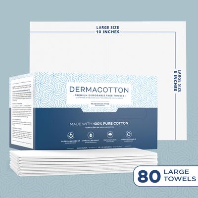 Dermacotton Value Pack [80 Disposable Cotton Towels], 10x8 inches, 100% Biodegradable Face Towels - Super Soft Face Wipes, Hypoallergenic Makeup Remover Wipes. Sensitive Skin, Facial Cloths