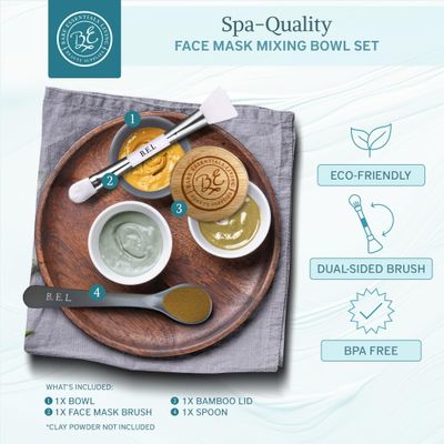 Bare Essentials Living - Clay Face Mask Mixing Bowl Set, Skin Care Kit Facial Bowls with Bamboo Lid, Face Mask Spoon, &amp; Dual Sided Face Mask Brush Applicator for DIY Clay Mask, Facials &amp; Hair (Grey)