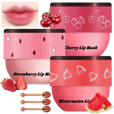 3 PCS Bee Lip Balm Honey Pot, Watermelon &amp; Cherry &amp; Strawberry Lip Mask Overnight Propolis Moisturizing Lip Balm Hydrating Prevention Dry and Crack Lip Scrubs Exfoliator Lip Wrinkle Care (Set C)