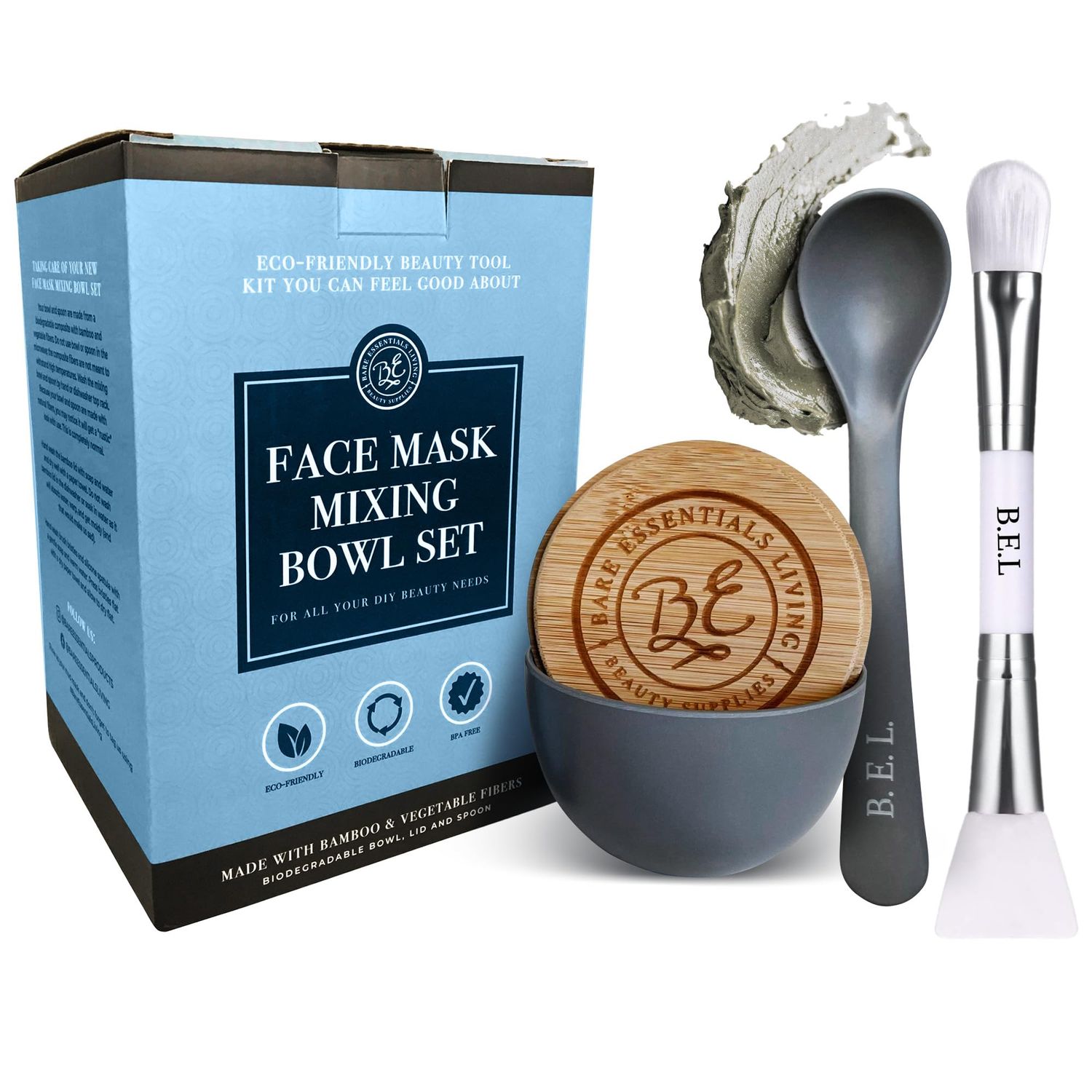 Bare Essentials Living - Clay Face Mask Mixing Bowl Set, Skin Care Kit Facial Bowls with Bamboo Lid, Face Mask Spoon, &amp; Dual Sided Face Mask Brush Applicator for DIY Clay Mask, Facials &amp; Hair (Grey)