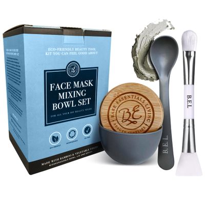 Bare Essentials Living - Clay Face Mask Mixing Bowl Set, Skin Care Kit Facial Bowls with Bamboo Lid, Face Mask Spoon, &amp; Dual Sided Face Mask Brush Applicator for DIY Clay Mask, Facials &amp; Hair (Grey)