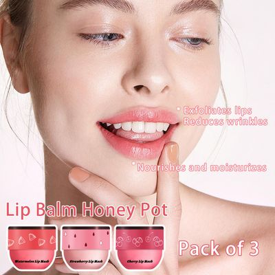 3 PCS Bee Lip Balm Honey Pot, Watermelon &amp; Cherry &amp; Strawberry Lip Mask Overnight Propolis Moisturizing Lip Balm Hydrating Prevention Dry and Crack Lip Scrubs Exfoliator Lip Wrinkle Care (Set C)
