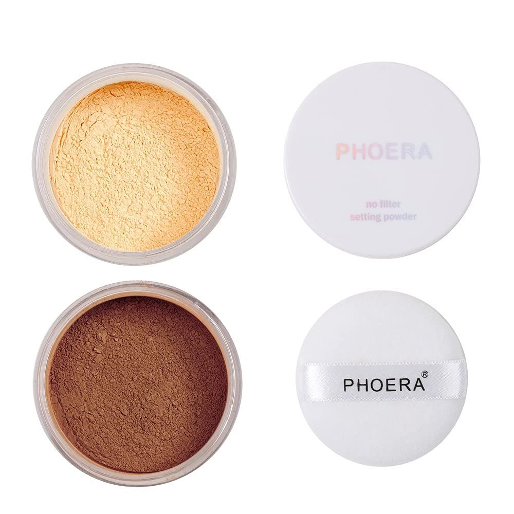 2 Pcs PHOERA Setting Powder, Control Oil Brighten Skin Color Cover Blemish Face Setting Loose Powder (03# BANANA &amp; 04# Medium Deep)