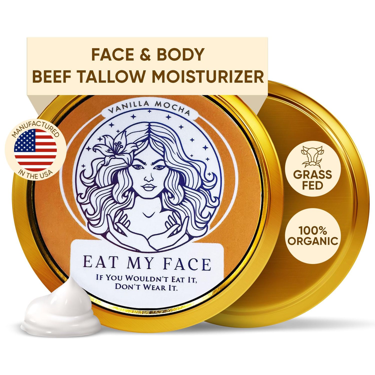 Eat My Face Tallow Face Moisturizer - Beef Tallow for Face &amp; Body, Beef Tallow Moisturizer, Organic Beef Tallow Face Cream, Grass Fed Beef Tallow for Skin, Made in USA- Vanilla Tallow Cream, 4.0 fl oz