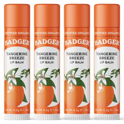 Badger - Classic Lip Balm, Tangerine Breeze, Made with Organic Olive Oil, Beeswax &amp; Rosemary, Certified Organic, Moisturizing Lip Balm, 0.15 oz (4 Pack)