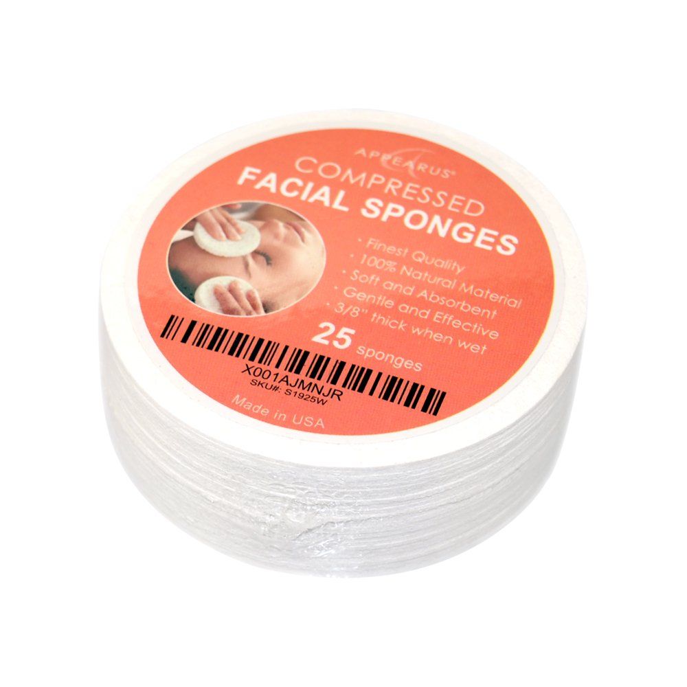 Facial Sponges - APPEARUS Compressed Natural Cellulose Face Sponge | Made in USA | Professional Spa Sponges for Face Cleansing, Massage, Pore Exfoliating, Mask, Makeup Removal (25 Count) (White)