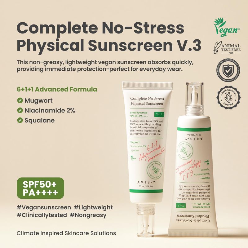 AXIS-Y Complete No-Stress Physical Sunscreen V3 | SPF 50+ PA++++ | 2% Niacinamide &amp; Plant-Derived Squalane | Hyaluronic Acid | Improves Uneven Skin Tone | 50ml / 1.69 oz