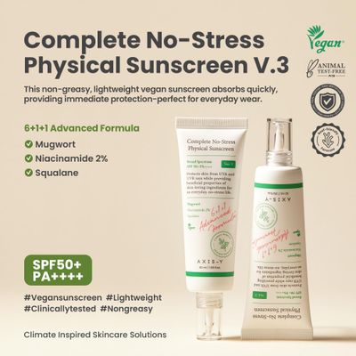 AXIS-Y Complete No-Stress Physical Sunscreen V3 | SPF 50+ PA++++ | 2% Niacinamide & Plant-Derived Squalane | Hyaluronic Acid | Improves Uneven Skin Tone | 50ml / 1.69 oz