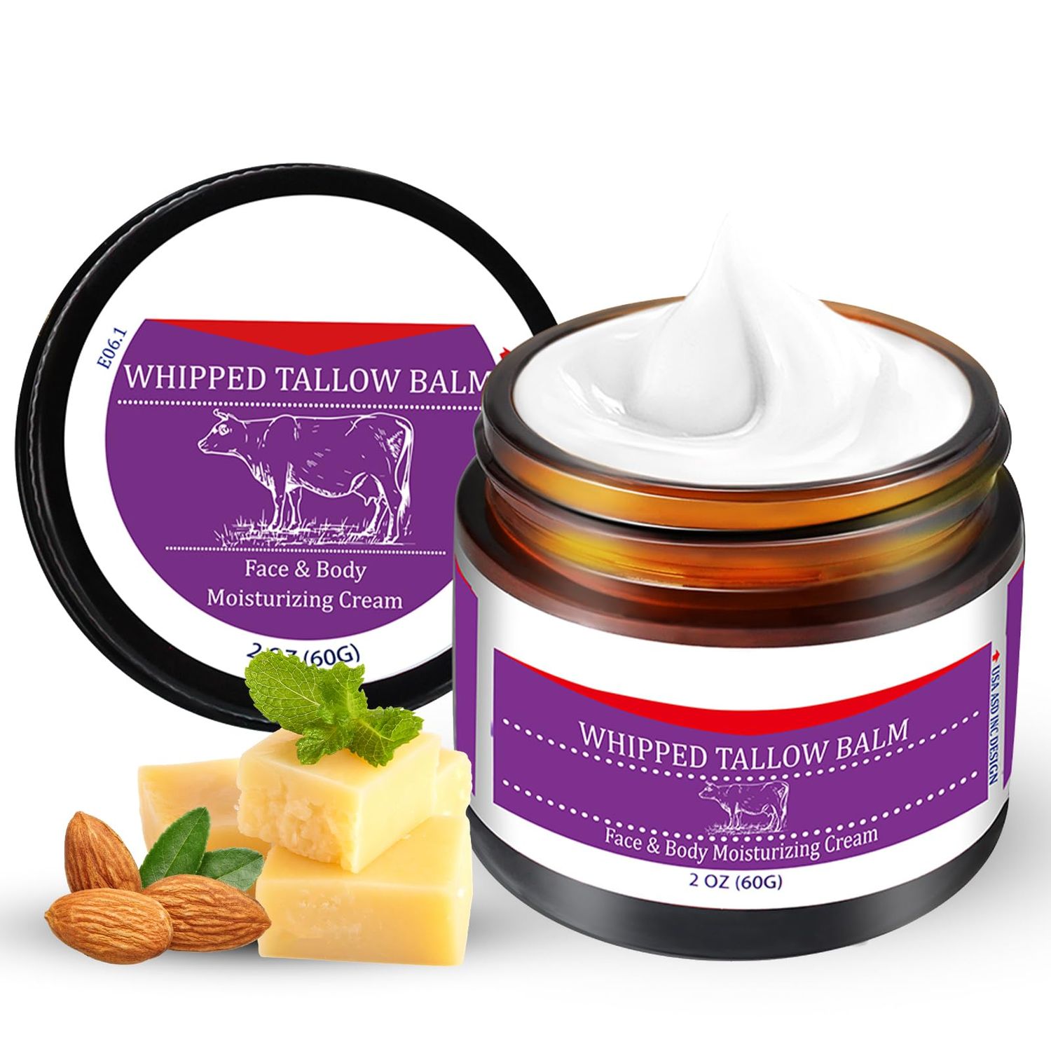 Handmade Whipped Tallow Cream - 100% Grass Fed Beef Tallow for Skin, Tallow Face Moisturizer Nourishing and Hydrating Skin, Natural Beef Tallow for Face and Body Cracked, Dry, Daily Skin Care 2 Oz