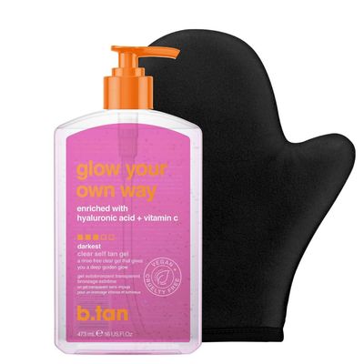 b.tan Best Clear Self Tanning Gel with Mitt Kit | Glow Your Own Way Bundle - Ultra Dark, Quick Express Tanner Gel for Face &amp; Body with Applicator, Transfer-Proof, No Fake Tan Smell, 16 Fl Oz