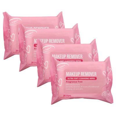 Air Jungles Makeup Remover Wipes 25 Count (Pack of 4), Fragrance-Free, Gentle Removes Makeup and Oil, Soft Cleansing Wipes, Alcohol Free, Large 6&quot; x 8&quot; Wipe Size