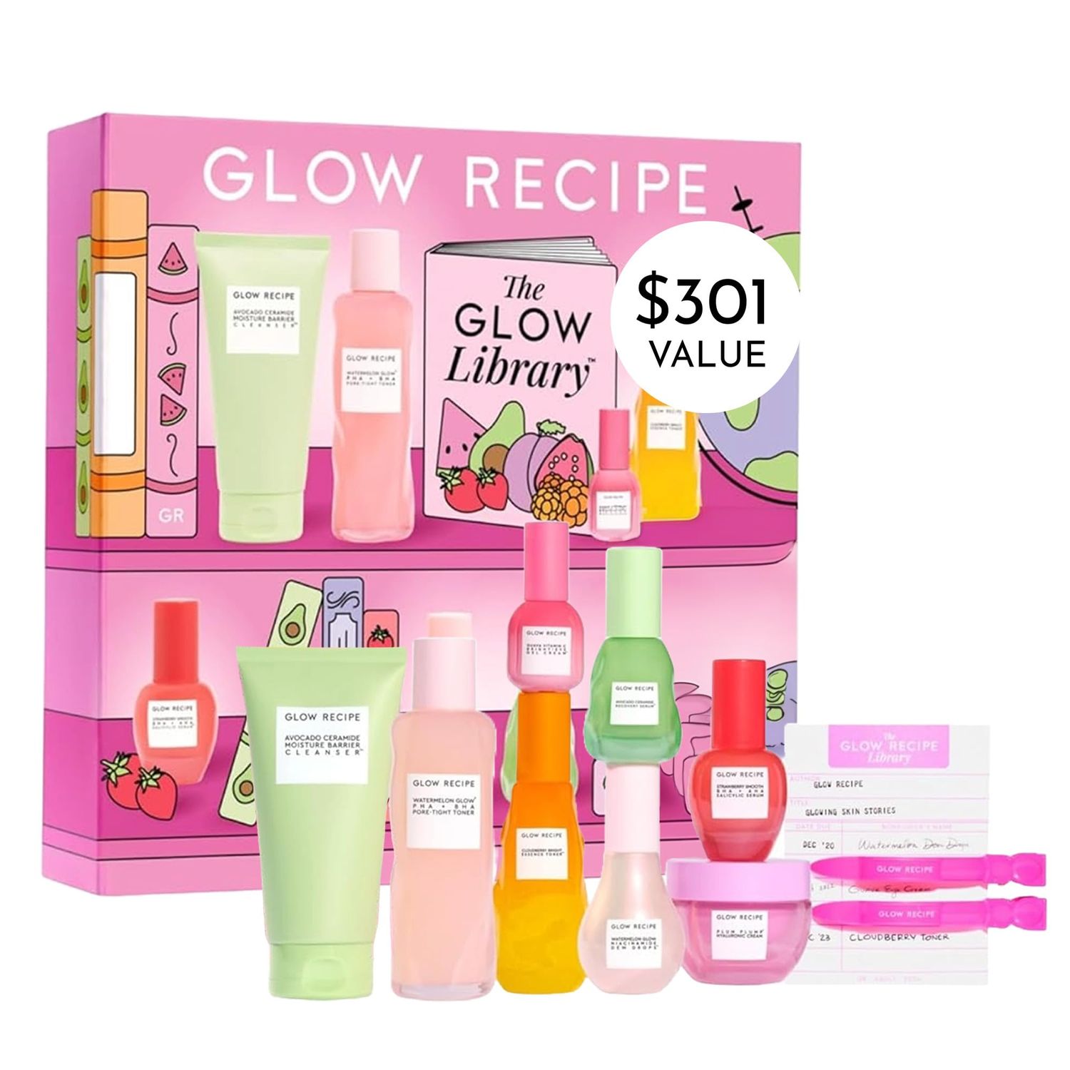 Glow Recipe Library Skincare Gift Set - Avocado Face Wash + Face Serum + Facial Toner + Guava Eye Cream + Hyaluronic Acid Moisturizer + Dew Drops + Strawberry Smooth Serum + 2 Hair Clips (10 Count)