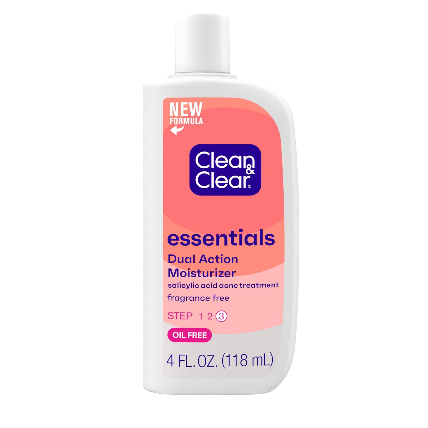 Clean &amp; Clear Essentials Dual Action Oil-Free Facial Moisturizer, Salicylic Acid Acne Treatment with Pro-Vitamin B5 Moisturizes While Treating Acne &amp; Helping to Prevent Pimples, 4 fl. Oz (Pack of 3)