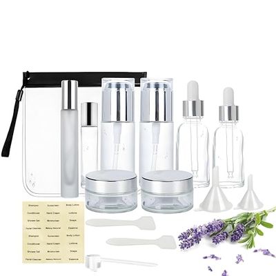 15 Pack Glass Travel Bottles for Toiletries, TSA Approved Skincare Travel Containers - Silver, Refillable, BPA Free Leak Proof with Pump, Spray, Dropper &amp; Roll-On for Toners, Serums, Creams, Perfumes