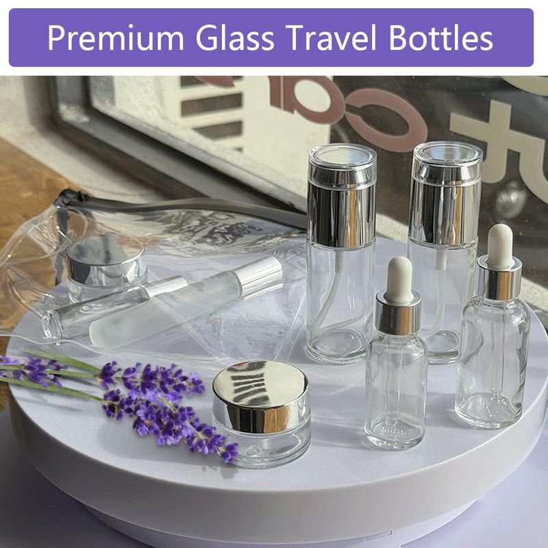 15 Pack Glass Travel Bottles for Toiletries, TSA Approved Skincare Travel Containers - Silver, Refillable, BPA Free Leak Proof with Pump, Spray, Dropper &amp; Roll-On for Toners, Serums, Creams, Perfumes