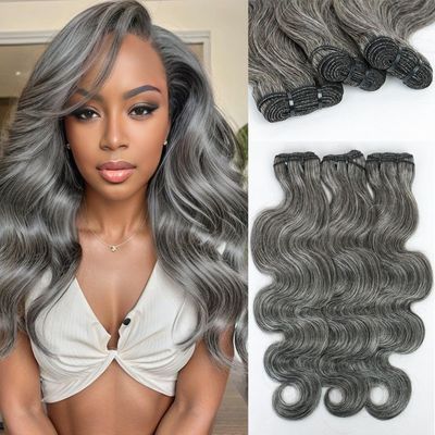 Grey Body Wave Bundles Human Hair 16 18 20 inch Salt and Pepper Human Hair 3 Bundles 100% Unprocessed Virgin Human Hair Weave Extensions Natural Gray-White Color