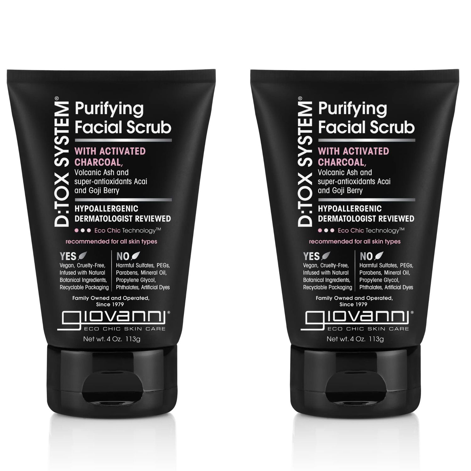 GIOVANNI D:tox System Purifying Facial Scrub - Activated Charcoal, Removes Impurities for a Beautiful Complexion, Hypoallergenic, Dermatologist Tested, Antioxidant Acai &amp; Goji Berry - 4 oz (2 Pack)