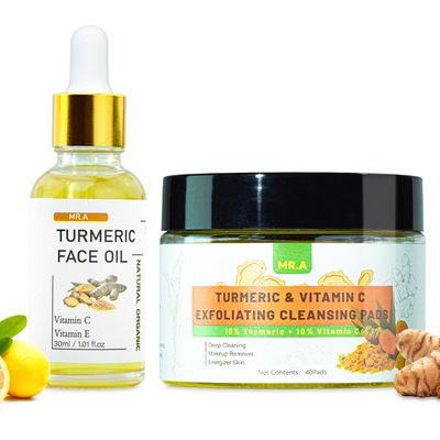 40 pcs Turmeric Cleansing Pads for Face Turmeric Facial Oil, Turmeric Exfoliating Face Scrub Pads for Glow Up Acne Scars, Unclog Pores, Turmeric Face Oil for Dry Skin, Turmeric Face Serum