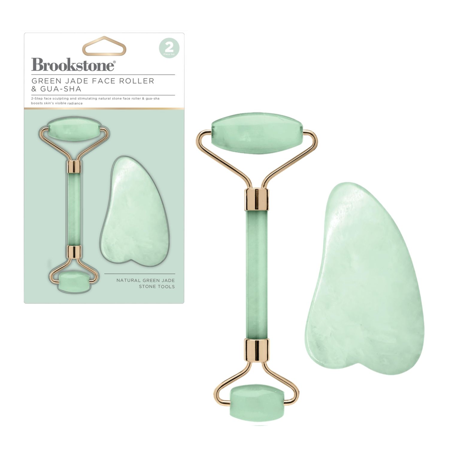 Brookstone Face Skin Care Roller: Dual-Sided Premium Rose Quartz Face Roller Massager - Skin Care Tool for Facial Massage, Gua Sha, Relaxation, Anti Age Jade Roller - Lymphatic Drain Massage (Green)