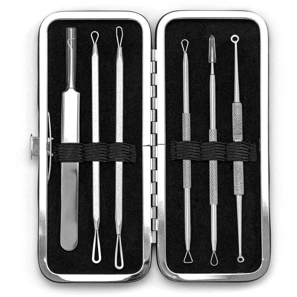 6 Piece Set Pimple Popper Blackhead Remover and Acne Extractor Kit Specifically Treats Face Blemishes Zits and Whiteheads - Perfect Stocking Stuffer, includes Giftbox and Travel Case