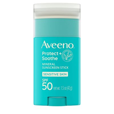 Aveeno Protect + Soothe Mineral Sunscreen Stick for Sensitive Skin, SPF 50, Water-Resistant for 80 minutes, Face &amp; Body Sunscreen with Zinc Oxide &amp; Oat, Fragrance-Free, Travel Size, 1.5 OZ