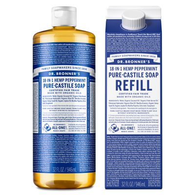 Dr. Bronner&#39;s Pure-Castile Liquid Soap Bottle &amp; Refill Carton - Made with Regenerative Organic Certified Oils, 82% Less Plastic-18-in-1 Uses for Face, Body Wash, Hand Soap Refill- Peppermint, 32oz