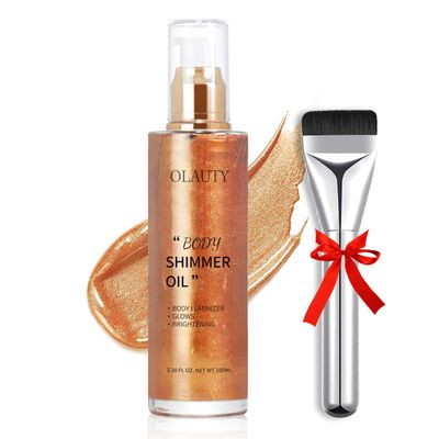 Body Shimmer Oil, Bronze Liquid Illuminator Body Glitter Luminizer Glow Bronzing Makeup, Long Lasting, Non-Sticky, Waterproof Liquid Highlighter Face Body Gold Taning Oils (03 Bronzing Golden, 80ML)