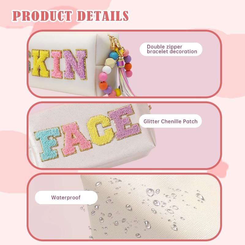 DONOTGO 2 Preppy Patch Makeup Bag Chenille Letters Cosmetic Bag Personalized Initial Cute Face Skin Pu Leather Portable Waterproof Toiletry Bag with Keychain Travel Make up Bag for Women Teen Girls