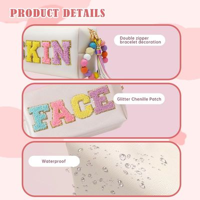 DONOTGO 2 Preppy Patch Makeup Bag Chenille Letters Cosmetic Bag Personalized Initial Cute Face Skin Pu Leather Portable Waterproof Toiletry Bag with Keychain Travel Make up Bag for Women Teen Girls