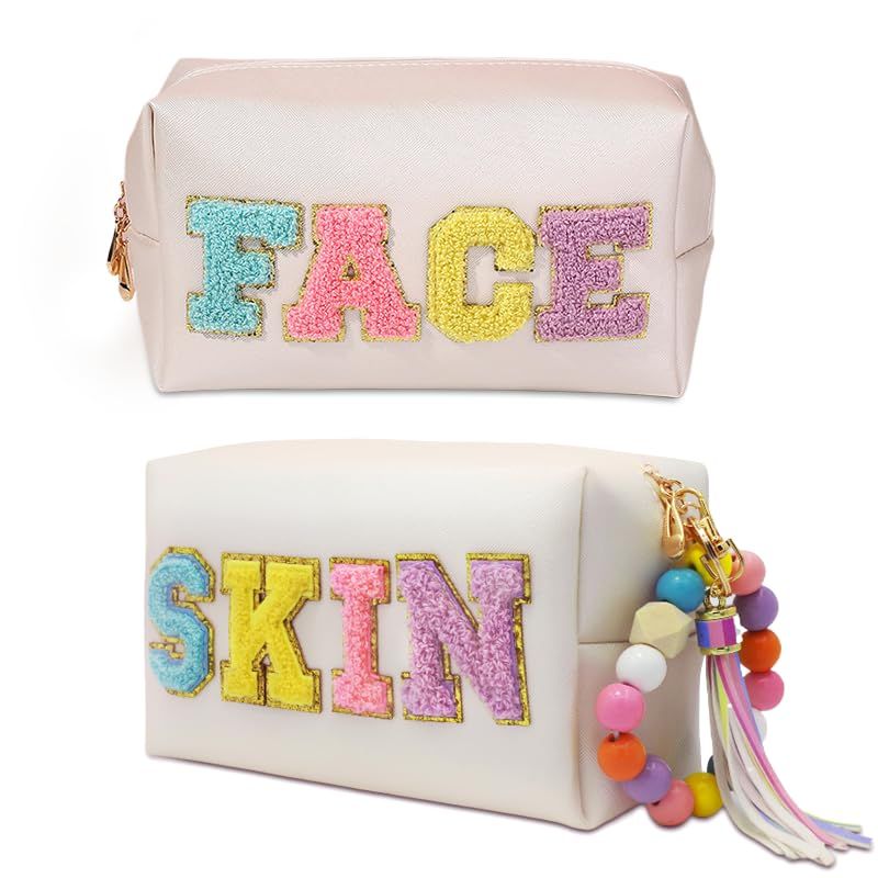 DONOTGO 2 Preppy Patch Makeup Bag Chenille Letters Cosmetic Bag Personalized Initial Cute Face Skin Pu Leather Portable Waterproof Toiletry Bag with Keychain Travel Make up Bag for Women Teen Girls
