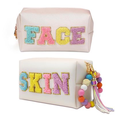 DONOTGO 2 Preppy Patch Makeup Bag Chenille Letters Cosmetic Bag Personalized Initial Cute Face Skin Pu Leather Portable Waterproof Toiletry Bag with Keychain Travel Make up Bag for Women Teen Girls