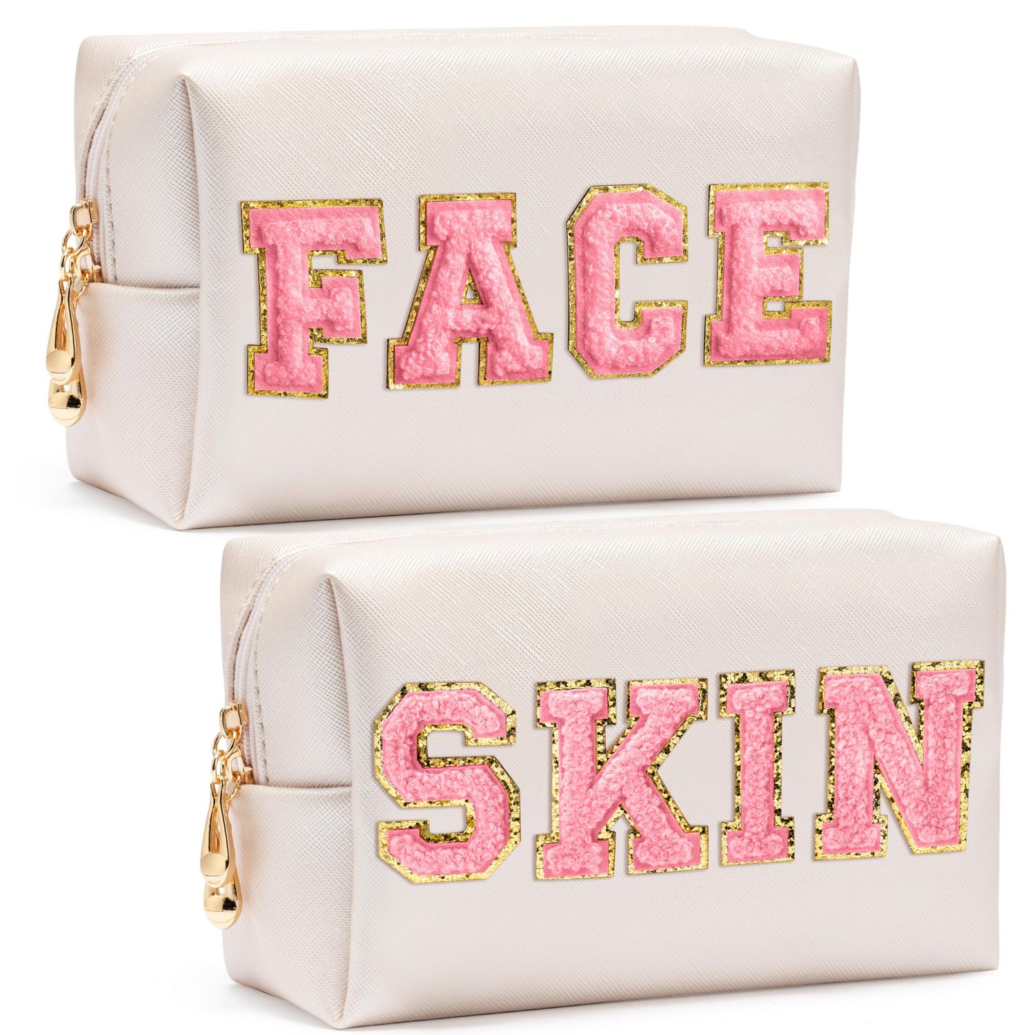 CY2SIDE SKIN Letter Makeup Bag - 2PCS SKIN and FACH Chenille Letter Patch Cosmetic Bag Preppy PU Leather Patch Pouch Waterproof Portable Zipper Travel Organizer Christmas Gifts for Women Girls(Pink)