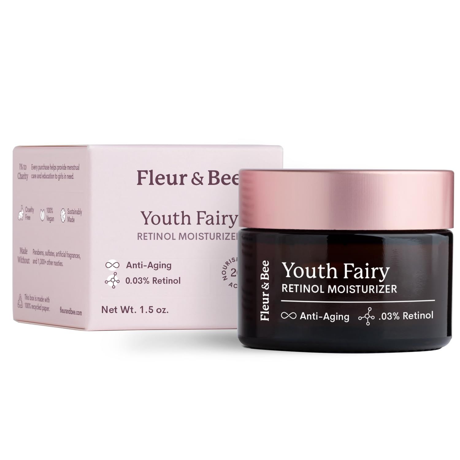 FLEUR &amp; BEE Retinol Moisturizer | Clean, 100% Vegan | Anti Aging Cream, Retinol Cream for Face, Best for Night and Day, For Women and Men | Youth Fairy 1.5 oz