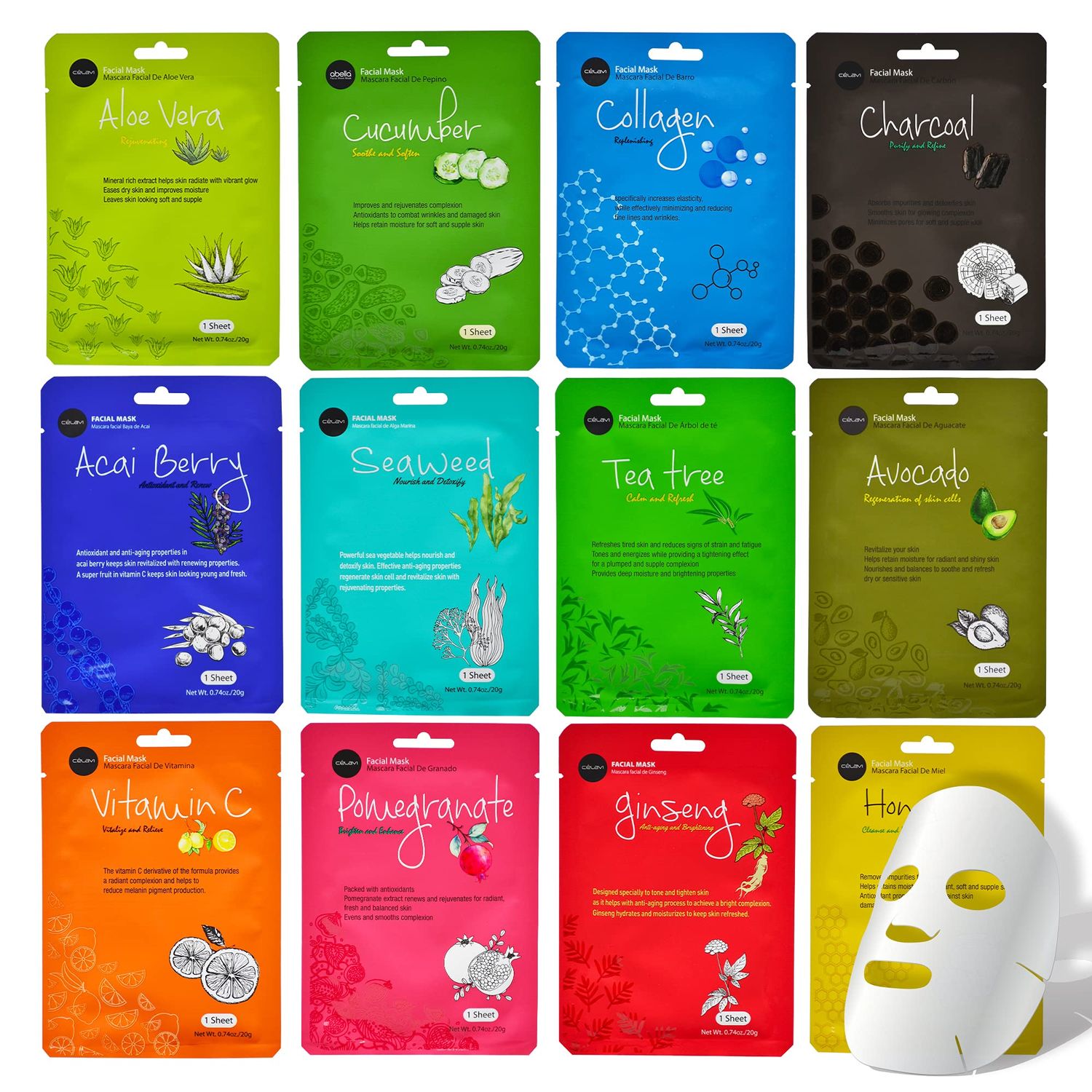 Celavi Essence Face Mask Paper Sheet Korea Skin Care Moisturizing 12 Pack Classic Facial Beauty