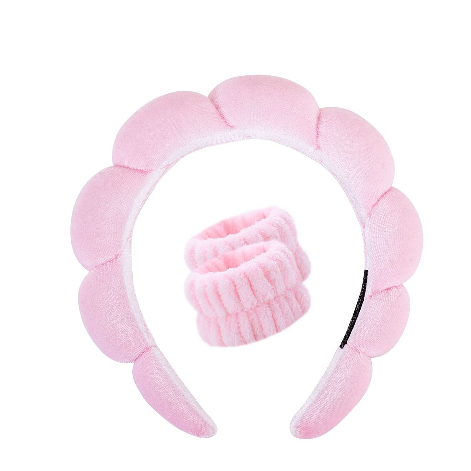CYJUNMA Spa Headband for Washing Face Makeup Wristband Set, Sponge Bubble Skincare Headband,Puffy Terry Cloth Hairband for Women, Skin Care Headwear Hair Accessories for Girls(Pink)
