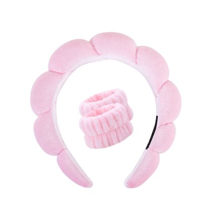 CYJUNMA Spa Headband for Washing Face Makeup Wristband Set, Sponge Bubble Skincare Headband,Puffy Terry Cloth Hairband for Women, Skin Care Headwear Hair Accessories for Girls(Pink)